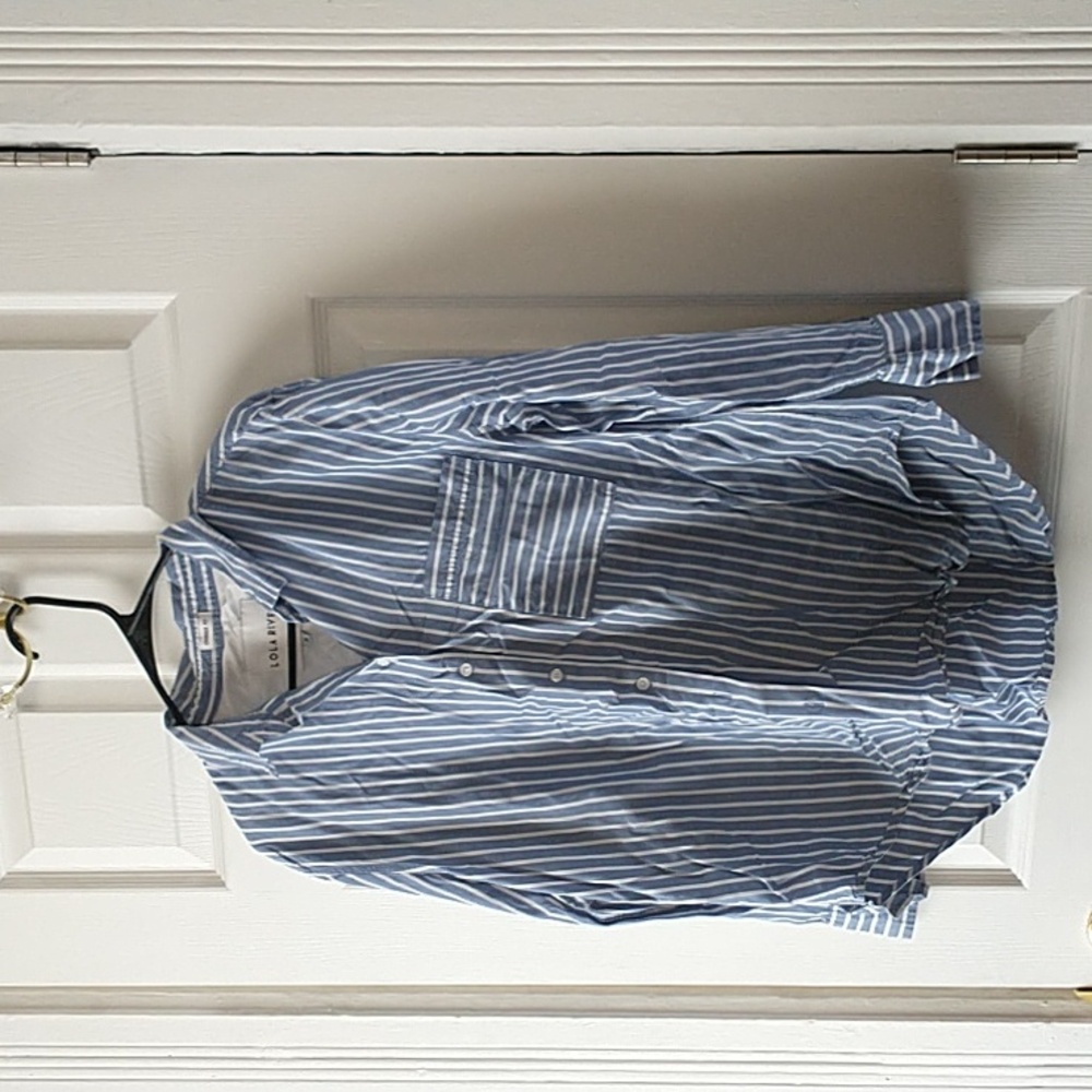 Women's Lola River Striped Button Up Shirt Large Blue & White Spring Casual Cute
